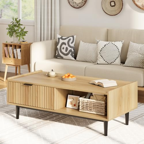 GarveeMore Geriffelter Couchtisch, 42,5 Zoll, Mitteltisch mit Schublade, Cocktailtisch aus hellem Holz mit offenem Regal, rechteckiger Couchtisch, einfache Montage