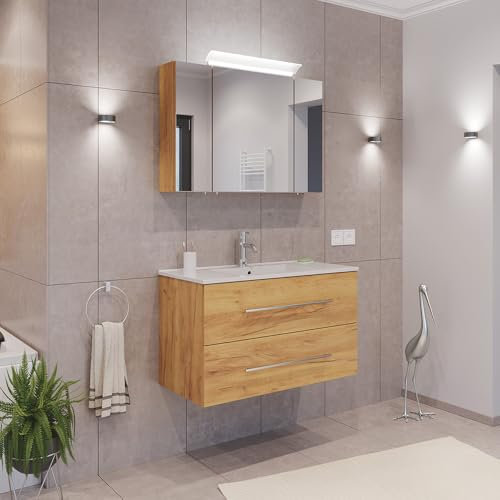 Lomadox Badezimmermöbel Badmöbel Set 2-teilig, Waschtisch Waschplatz 90cm breit mit Waschbecken, 2 Softclose-Schubladen und LED Spiegel, in Eiche