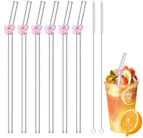 6 PCS Glass Straws Drinking, Reusable Bent Straws with Cleaning Brush, Clear Glass Straw with Bows for Smoothie Milk Coffee Coctail Water Juice (6)