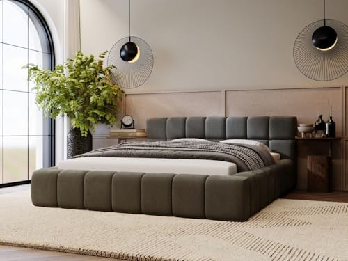 GRAINGOLD Alicante Bett 140x200, Polsterbett mit Bettkasten, Polsterbett mit Stauraum, Velour, mit Lattenrost, mit Kopfteil, ohne Matratze (Grau, 140x200)