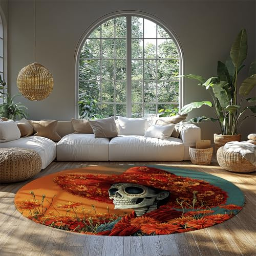 UERWOWELL Boho Floral Round Rug 240cm Vibrant Wildflowers Straw Hat Skull Pattern Washable Low Pile Circle Mats for Day of the Dead Home Decor
