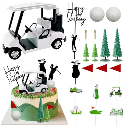 2025 New Golf Cake Decorations with Mini Cart, Clubs, Ball, Green Tree, Red Flag Cupcake Toppers, for Golf Theme Birthday Party Decoration Supplies