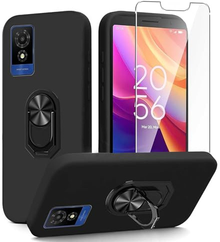 MIBZOR 3-in-1 Black Case Compatible with TCL 501 (6.0) | Phone Case and 1x Tempered Glass Screen Protector with 1x Finger Ring Kickstand, Soft Silicone Flexible TPU Protective Cover