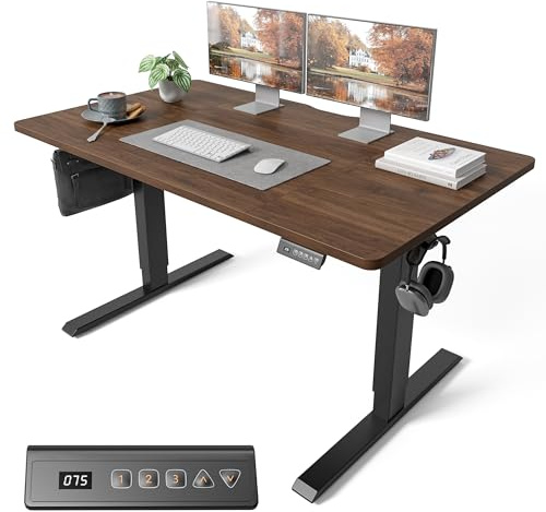 FEZIBO Electric Height Adjustable Standing Desk with digital display control panel, 70x140cm Ergonomic Home Office Table for sit stand with Splice Board & BlackWalnut Wood Grain Surface