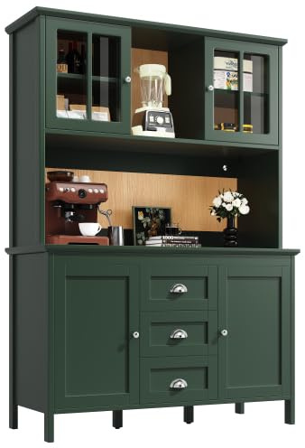 DRIXNO Küchenschränke, Hochschrank Küchenbuffet Vitrinenschrank, Vorratsschrank mit Arbeitsplatte, Esszimmerschrank mit Schubladen, Aufbewahrungsschrank mit LED-Beleuchtung, 120x40x179 cm, Grün
