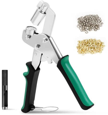 BREEZENEST Eyelet Punch Kit with 300 Metal Grommets 10mm, Heavy Duty Grommet Punch Plier Set for PVC Banners, Tarpaulins, Leather & Fabric, Carbon Steel Eyelet Hole Punch Tool with Crimping Function