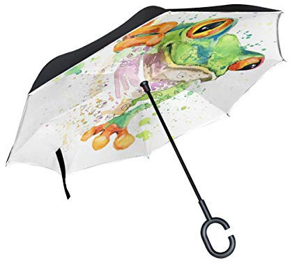 Wamika Regenschirm mit Froschmalem Motiv, umgekehrt, doppelschichtig, Winddicht, selbststehend, UV-Schutz, Nicht automatisch, groß, gerade, umgedrehter Regenschirm, C-förmiger Griff für Auto Regen