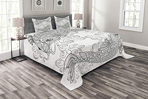 ABAKUHAUS asiatisch Tagesdecke Set, Ethnische Koi-Fisch-Muster, Set mit Kissenbezügen luftdurchlässig, für Doppelbetten 264 x 220 cm, Weiß Grau