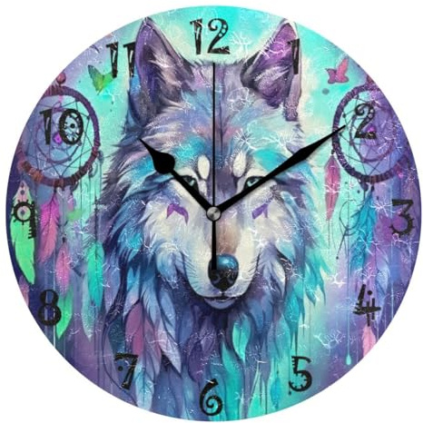 Jumpbear Wanduhr, 25 cm Durchmesser, leise, nicht tickend, rund, arabische Ziffern, Aquarell, Wolf, Ethno-Stil, Traumfänger-Design, dekorative kreative Uhr