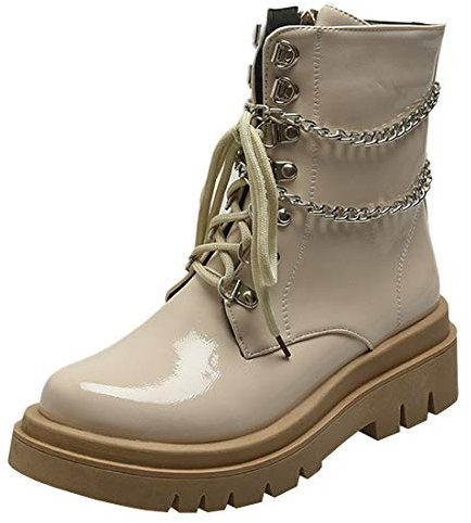 Etebella Damen Gothic Plateau Lack Stiefeletten mit Kette Flache Ankle Boots zum Schnüren Moderne Punk Schuhe(Beige,37)
