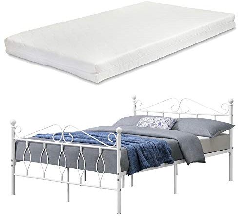 [en.casa] Metallbett Apolda 140x200 cm Jugendbett mit Matratze und Lattenrost Doppelbett mit Kaltschaummatratze bis 300kg Weiß