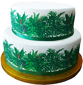 Essbares Dekorpapier mit tropischem grünen Blättern, ideal für größere Kuchen, einfach zu verwenden.