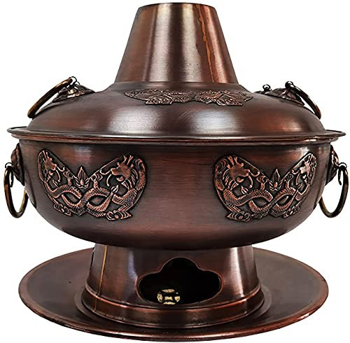 CLQ Holzkohle-Kupfer-Hot Pot, Verdickter Kupfer-Rechaud, Altmodischer Kupfertopf, Antiker, Extra Dicker, Reiner Kupfer-Hot Pot Für Familienessen, Familienessen-34cm