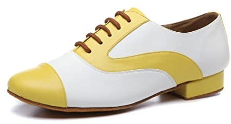 MINITOO Mens Dance Shoes Block Standard Heel Synthetic Leather Ballroom Dancing Shoes L495 Yellow/White UK 9