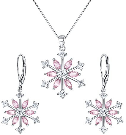 EVER FAITH Zirkonia Schneeflocke Schmuckset Sterling Silber Winter snow Weihnachten Halskette und Leverback Ohrringe Set Rosa