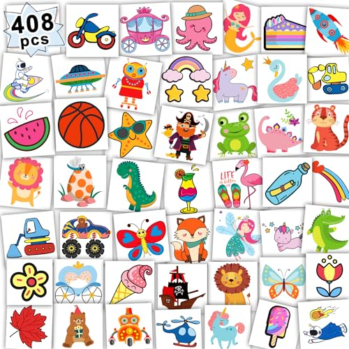 Leesgel 408 Stück Kindertattoos (einzeln vorgeschnitten, je 4 x 4 cm), Perfekt als Mitgebsel Kindergeburtstag Gastgeschenke, Kleine Geschenke für Kinder & Belohnung für Schüler