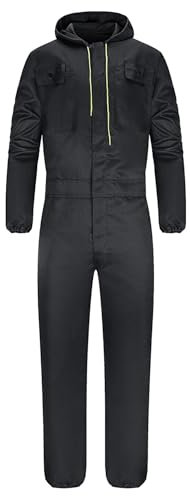 Yukirtiq Mens Hooded Overall Work Wear Dungarees Coverall Polycotton Boiler Suit Hard Wearing Mechanics Boilersuit, Black, M