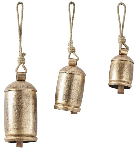 Deco 79 Metal Tibetan Inspired Decorative Cow Bells with Jute Hanging Rope, Set of 3 10 Inch,8 Inch,6 InchH, Gold