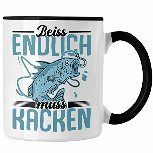 Trendation - Angler Fischer Tasse Geschenk Raubfische Hobbyangler Hecht Forelle Barsch Angeln Kaffeetasse Zubehör Beiss Endlich Muss Kaken (Schwarz)
