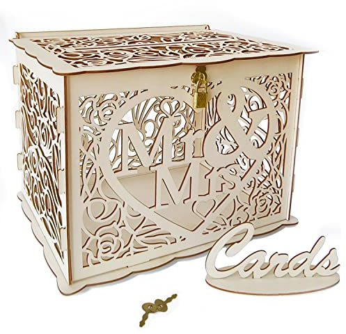 Jolik Neuestes Design Briefbox Hochzeit Geschenkkarten Box Vintage Groß DIY Holz Kartenbox Hochzeit Geldbox mit Schloss für Hochzeit Geburtstag Babyparty Jubiläum (Mr & Mrs, Gelb)