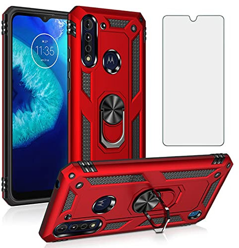 Compatible with Moto G8 Power Lite Case with Tempered Glass Screen Protector Ring Holder Stand Kickstand Magnetic Cell Phone Cover for MotoG8PowerLite Motorola 8 8G PowerLite XT2055-2 Women Men Red