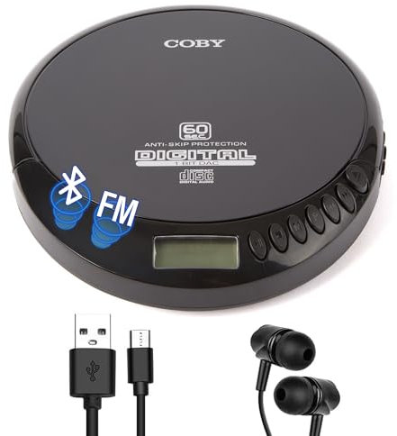 Coby Lettore CD portatile con auricolari, Bluetooth, FM, AUX, MP3 anti-Skip Compact Discman | Ricaricabile, leggero, 6 ore di riproduzione per auto, casa