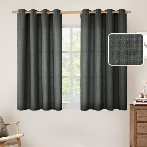 LAMIT Leinen-Vorhänge, 114,3 cm für Schlafzimmer, mit Ösen, dicke Leinenstruktur, Sichtschutz, lichtfilternde Jute-Vorhänge für Bauernhaus/Jungenzimmer, 2 Paneele (132 x 114 cm, Dunkelgrau)