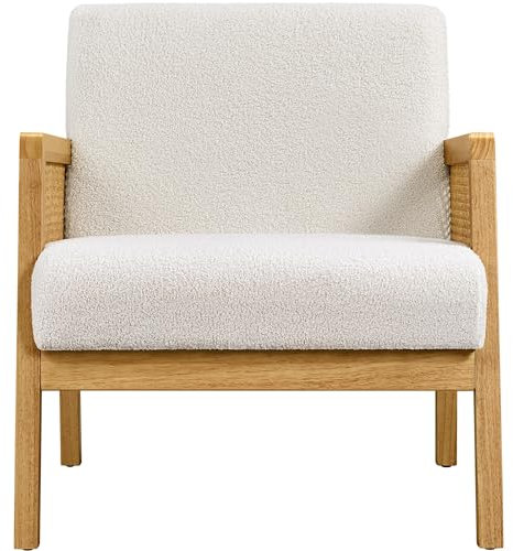 costoffs Tub Chair with Rattan Sides, Modern Accent Chair with Rubberwood Legs, Oversized Armchair for Living Rooms, Bedrooms, Lounges, Ivory