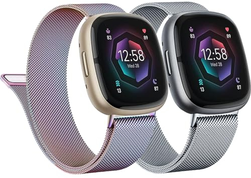 2 Stück Metall Armband für Fitbit Versa 3/Versa 4/Sense 2,Edelstahlarmband Sport Ersatzband Uhrenarmband aus Edelstahl mit Magnetschließe für Fitbit Versa 4/3/Sense 2 Smartwatch,silbern/Bunt,S