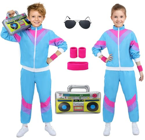 90er 80er Jahre Outfit Mädchen Jungen Jogginganzug Kinder Retro Trainingsanzug Kostüm Jacke Hose Anzug Kleidung New Kids Kostüm mit Handgelenkriemen Radio Sonnenbrillen für Karneval Fasching VL008S