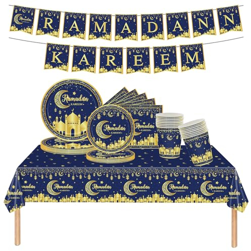 70PCS Eid Party Tableware Set,Blue Gold Moon&Star Ramadan Kareem Themed Disposable Plates Napkins Cups Tablecloth and Banner for Ramadan Umrah Mubarak Islam Muslim Home Room Dinning Table Decoration