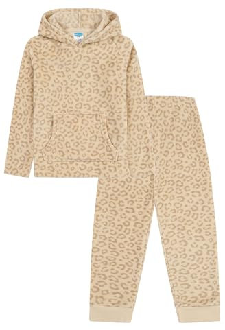 Pigiama da donna in pile lungo con stampa leopardata beige, Beige, 12-14