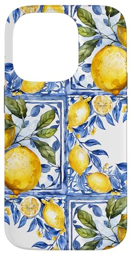 Zitrone italienische blaue Fliesen Muster Portugal Marokko Azulejo Hülle für iPhone 14 Pro