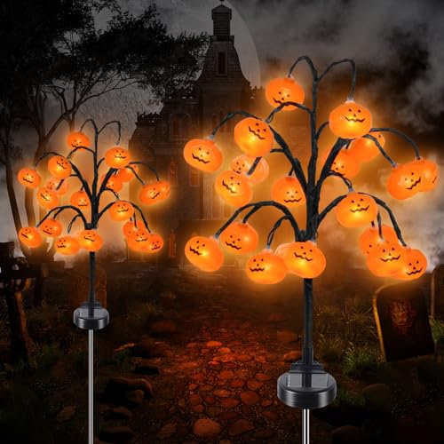 Qoosea Halloween Zucca di Luci 2 Pezzi, LED Luci Solari da Giardino, IP65 Impermeabile Lampade Esterno, Decorazione per Feste di Halloween, Cortile, Prato, Piscina, Patio, Vialetto