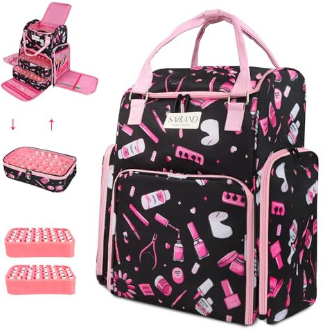 Saviland Nail Polish Organizer Bag: 33L Large Nail Bag Organizer Case Holds 80 Bottles (15ml/0.5 fl.oz) & Nail Lamp Travel Nail Kit Organizer Backpack Holder Nail Organizers and Storage for Nail Tech