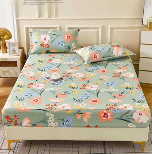 Surwin Spannbettlaken mit Kissenbezug, Elegant Bedruckt Spannbetttücher, Elastisch Bettlaken, 25-27cm Steghöhe, Weiche Spannbetttuch Mikrofaser Spannleintuch (120x200cm,Blume)