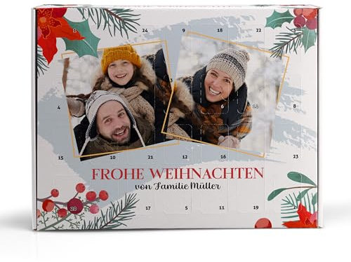 Adventskalender personalisiert – großer Adventskalender mit 2 Fotos und Text: 28 x 35,5 cm x 10 cm – Adventskalender zum Befüllen – Adventskalender 2024 Mama, Papa, Oma, Opa – Motiv: Weihnachtsstern