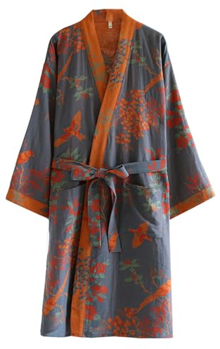 Camisón de algodón de doble gasa tradicional Hanfu de longitud media con estampado de cinturón de corbata, pijama holgado, cómodo camisón para sudar, traje de sauna Yukata, ropa de dormir para mujer,