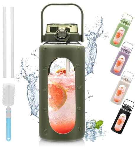 Bottiglia in vetro da 1900 ml, con cannuccia e manico, bottiglia in vetro con indicazione del tempo e custodia in silicone, a prova di perdite, senza BPA, per lo sport a casa, per la bicicletta (verde