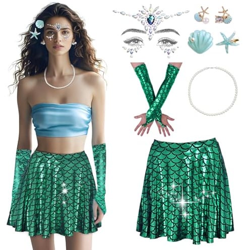 RoserRose Damen Meerjungfrau Kostüm 8 Set, Fischschuppen Rock+Handschuhe Meerjungfrau+2 Haarspange+Seestern Ohrringe+Perlenkette+Edelsteine Gesichtstattoo für Karneval Mottoparty Kostüm Accessoires