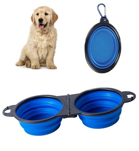 Double Collapsible Dog Bowl with Hook Buckle, Water and Food Put Simultaneously Dog Travel Bowl, Portable Dog Bowl for Walking Outdoors(Bule)