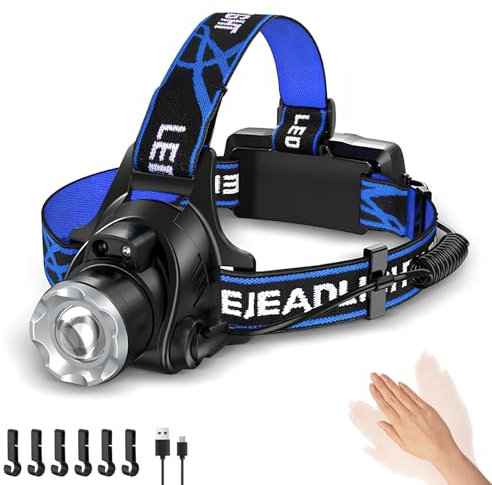 FWoche Linterna Frontal LED recargable, Alta Potencia 600 lúmenes con sensor, 3 modos de luz y ajuste de 90°, IPX6, resistente al agua, ideal para pesca, camping y Bicicleta