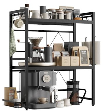 NETEL Étagère à micro-ondes réglable à 3 niveaux, étagère au-dessus du micro-ondes, étagère de cuisine debout pour plan de travail, étagères de boulangerie, noire, extensible de 40 à 60 cm