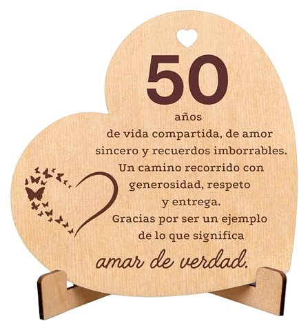 CUBIBOO ART Tarjeta Corazón Madera 50 Aniversario Bodas Oro – Regalos para Bodas de Oro – Detalle Original Hecho a Mano – Decoración o Regalo Aniversario Pareja