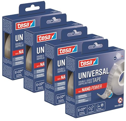 tesa Universal Nano Tape - transparentes, doppelseitiges Klebeband - leicht wiederablösbar und wiederverwendbar - wetterfest, für In- und Outdoor - 3 m x 30 mm (4er Pack)