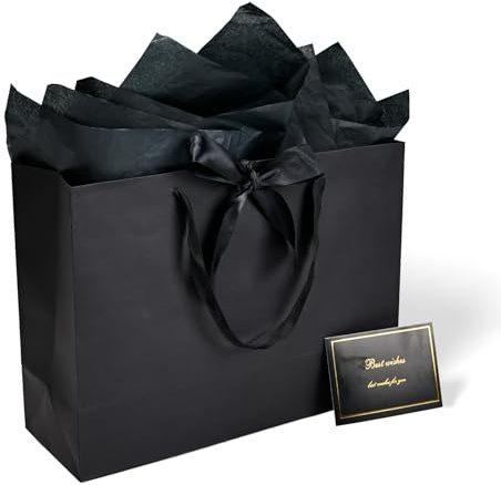 Huaprint 6 Pack Black Large Gift Bags Kit, 40.6x15.2x30.4cm Extra Large & Sturdy Gift Wrapping Set with Tissue Paper, Card & Ribbon for Clothing, Shoes, Wine Bottles, Christmas Birthday Gifts