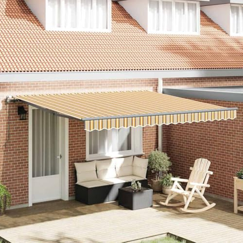 QJBSAVVA Automatische Markise Gelb Grau Weiß Gestreift 400 x 300 cm Rechteckig Polyesterstoff Einziehbar für Garten Terrasse und Balkon