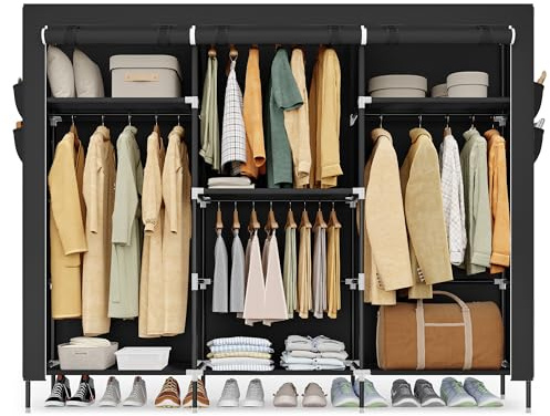 SONGMICS Kleiderschrank, Stoffschrank mit Kleiderstange, 4 Hängefächer | Für Schlafzimmer, Ablagen, Seitentaschen, groß, 45 x 189 x 180 cm, schwarz, RYLAN Kollektion RYG011BZ02