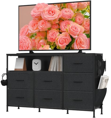 Feonase 7-Drawer Fabric Chest of Drawers – Black Storage Organizer with Side Pockets, Hooks & Open Shelves for Bedroom, Living Room,Black
