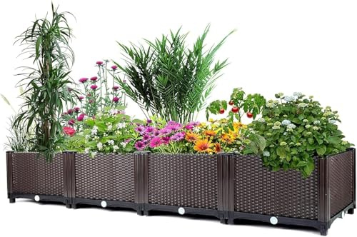 Virimolo Blumenkasten mit Wasserablauf, 4 Stück Hochbeet, Rattanoptik Garten Pflanzkasten,160 * 40 * 20 cm Gemüsebeet Blumentopf Pflanzkübel für Terrasse, Garten, Eingangsbereich, Braun